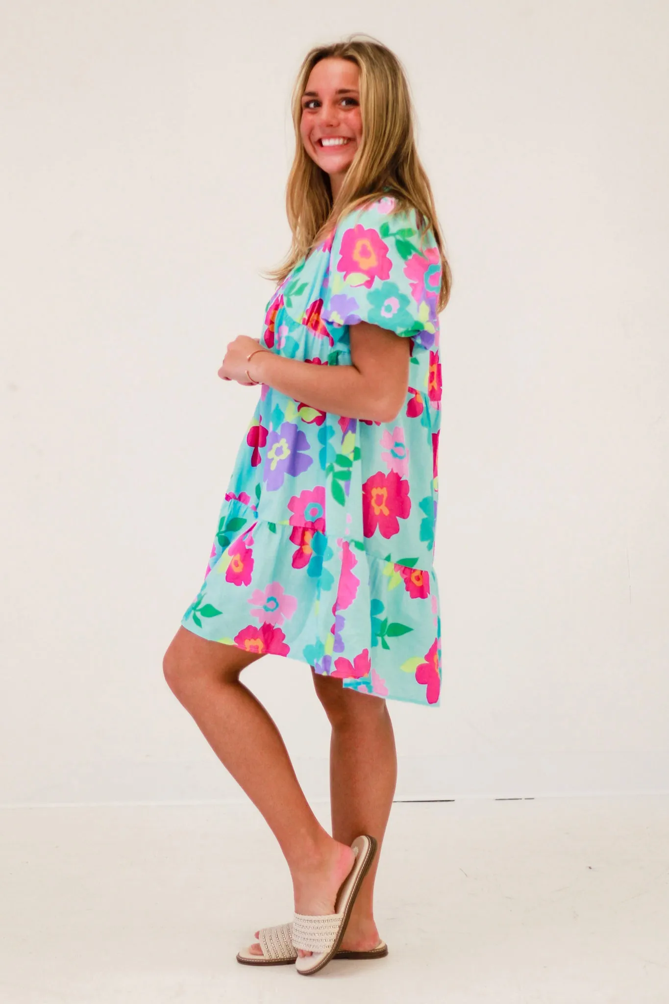 Blossom Breeze V-Neck Floral Dress in Blue Multi