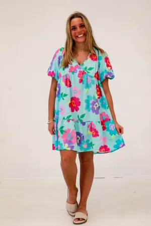 Blossom Breeze V-Neck Floral Dress in Blue Multi