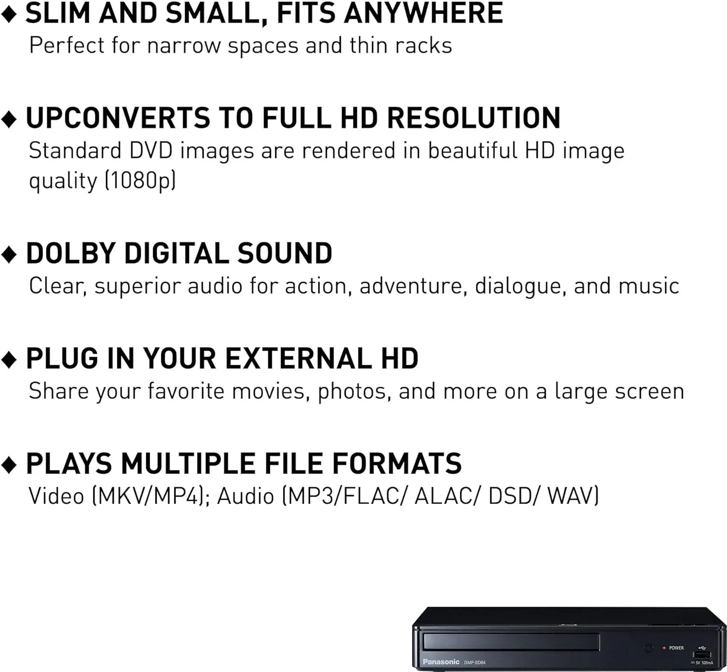 Blu Ray DVD Player with Full HD Picture Quality and Hi-Res Dolby Digital Sound, DMP-BD84P-K, Black