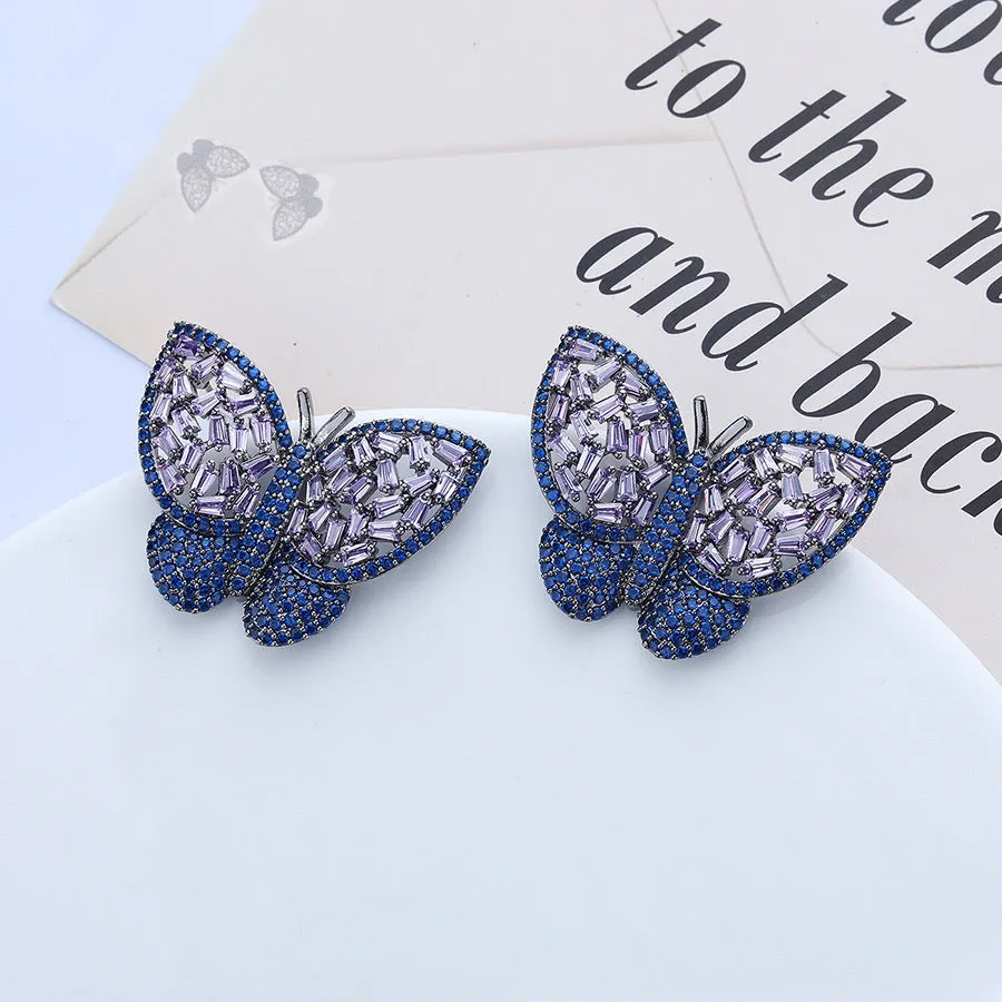 Blue & Purple Gemstone & Cz Diamond Butterfly Earring