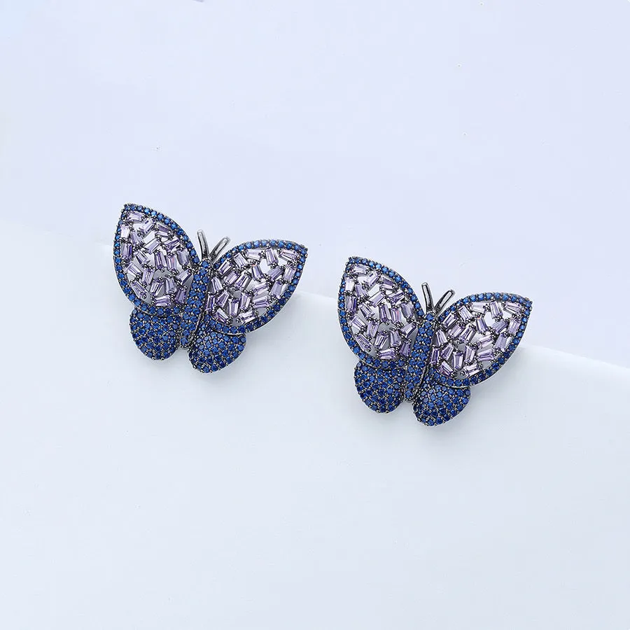 Blue & Purple Gemstone & Cz Diamond Butterfly Earring