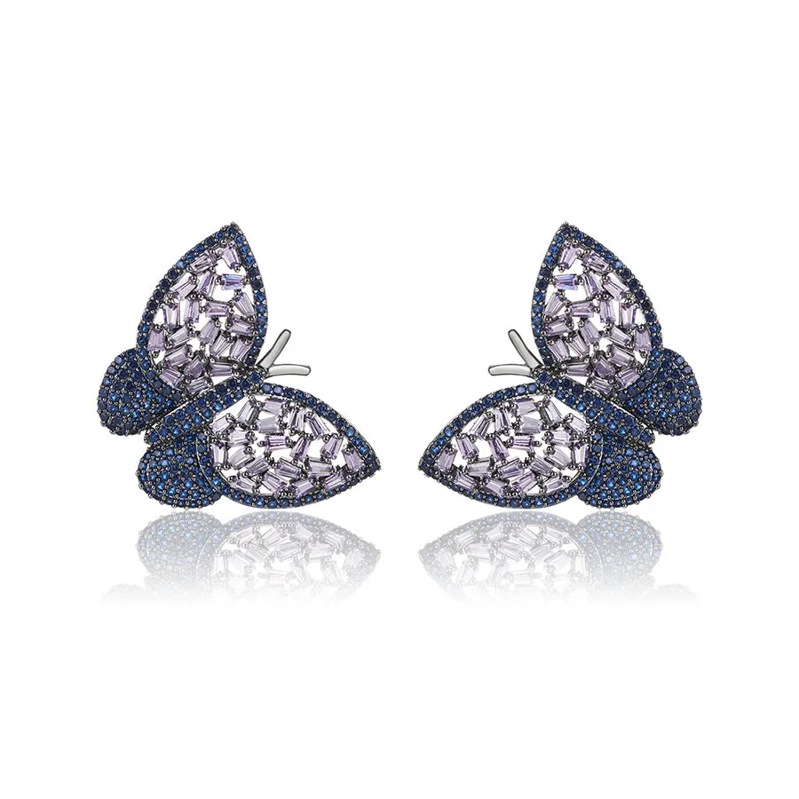 Blue & Purple Gemstone & Cz Diamond Butterfly Earring