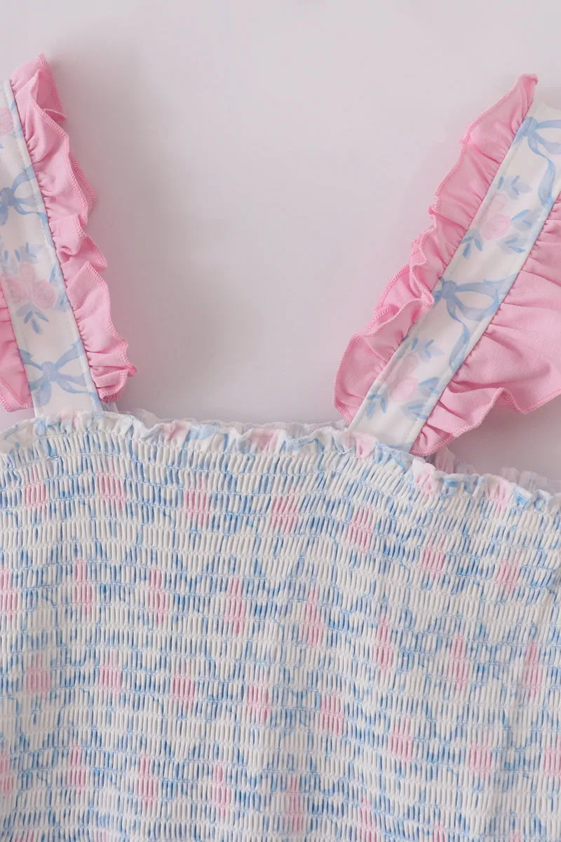 Blue Bow Tie Print Smocked Mom Dress
