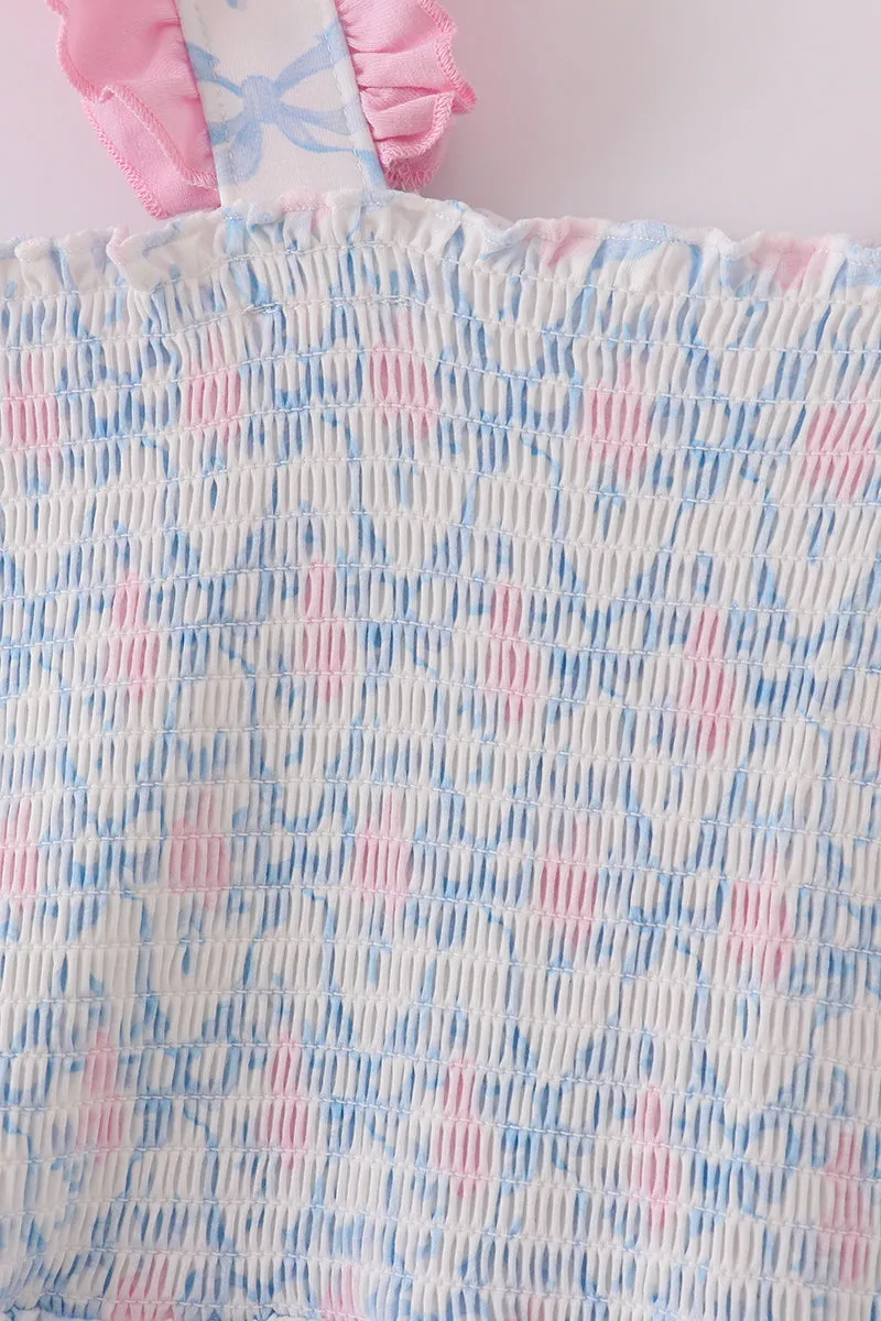 Blue Bow Tie Print Smocked Mom Dress