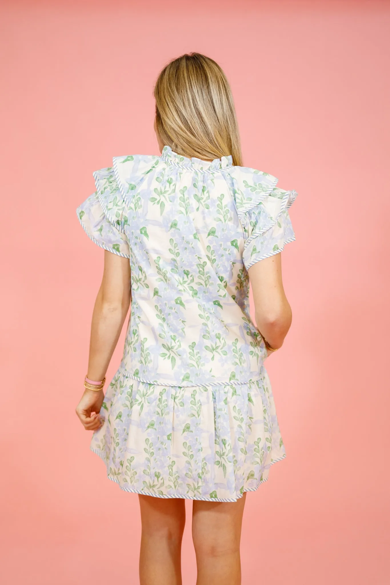 Blue Floral Stripe Trim Dress