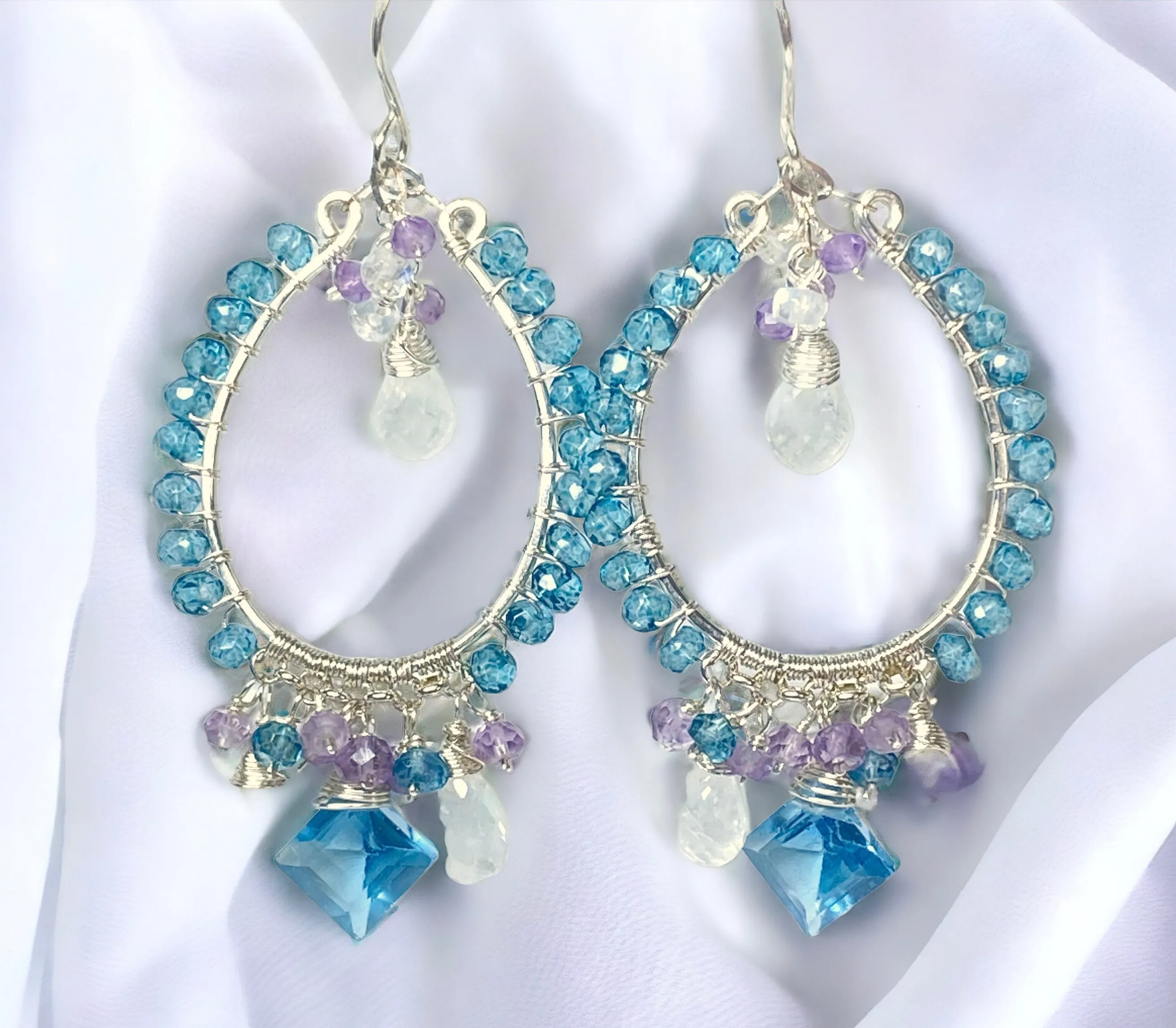 Blue Gemstone Chandelier Hoop Earrings