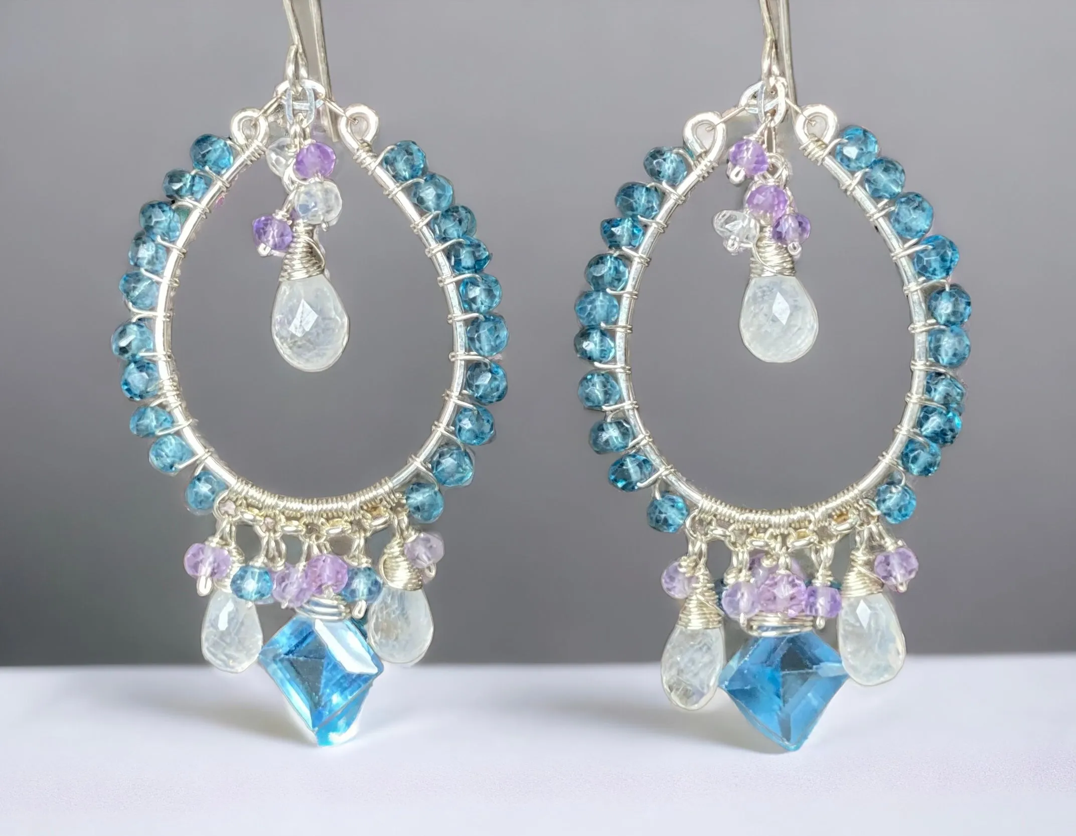 Blue Gemstone Chandelier Hoop Earrings