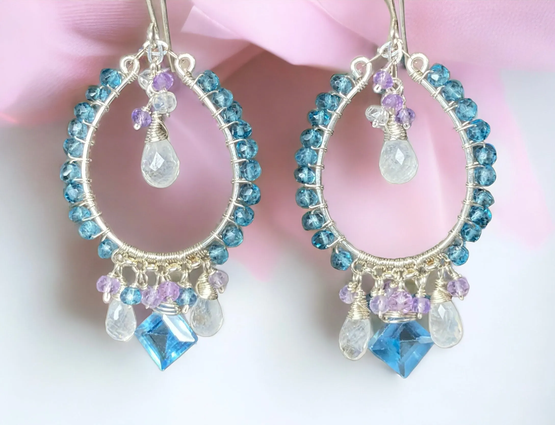 Blue Gemstone Chandelier Hoop Earrings