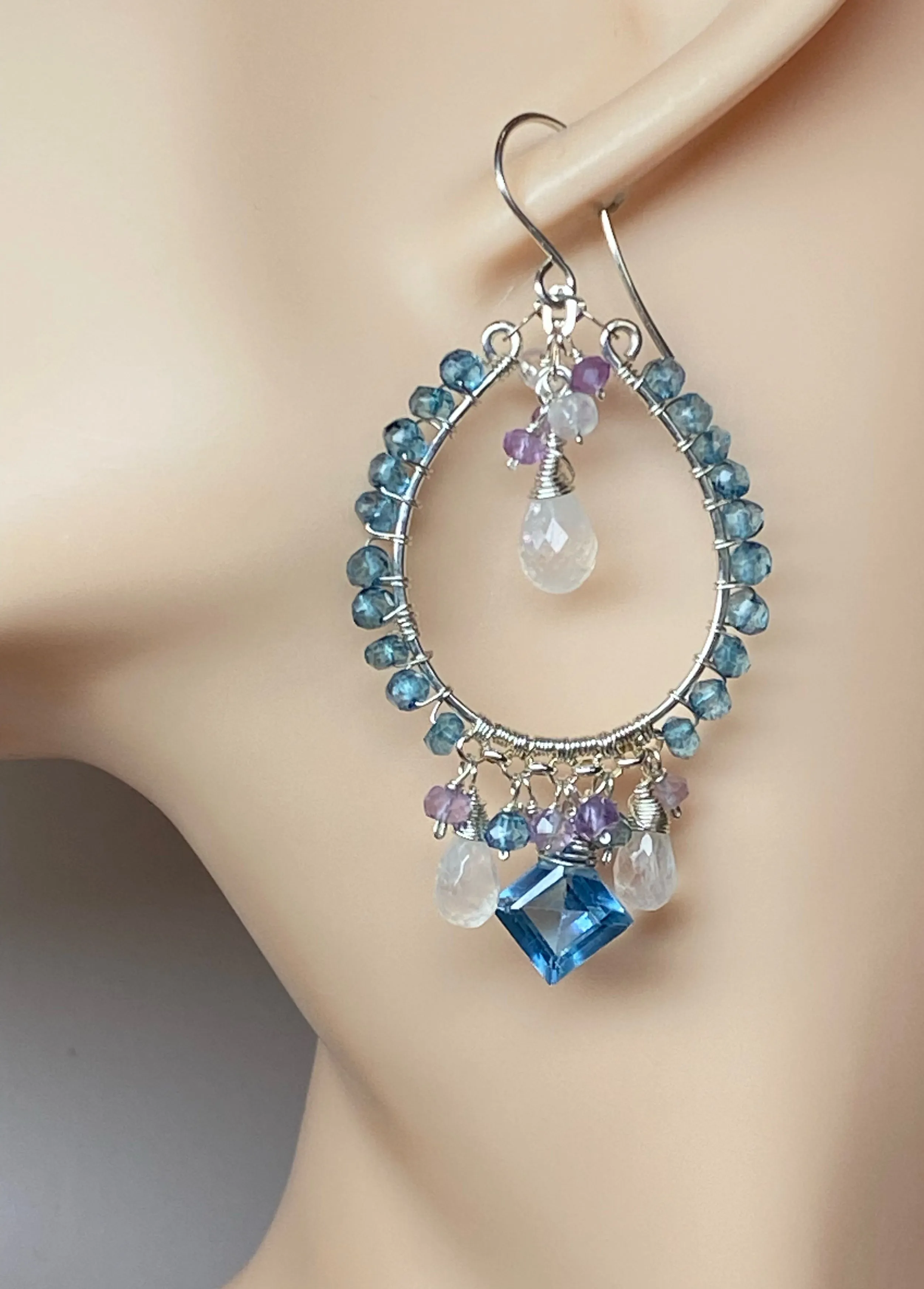 Blue Gemstone Chandelier Hoop Earrings