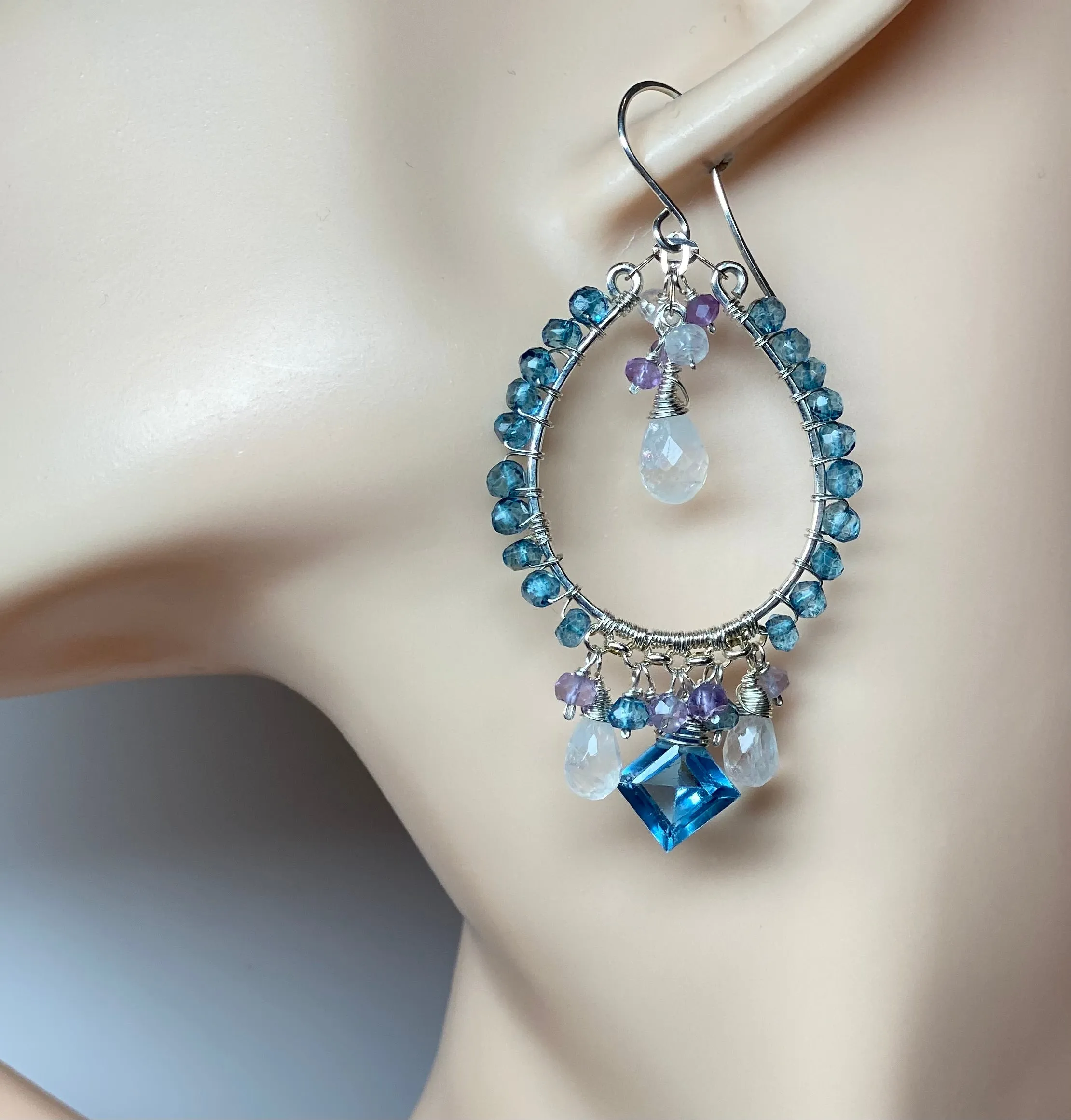 Blue Gemstone Chandelier Hoop Earrings