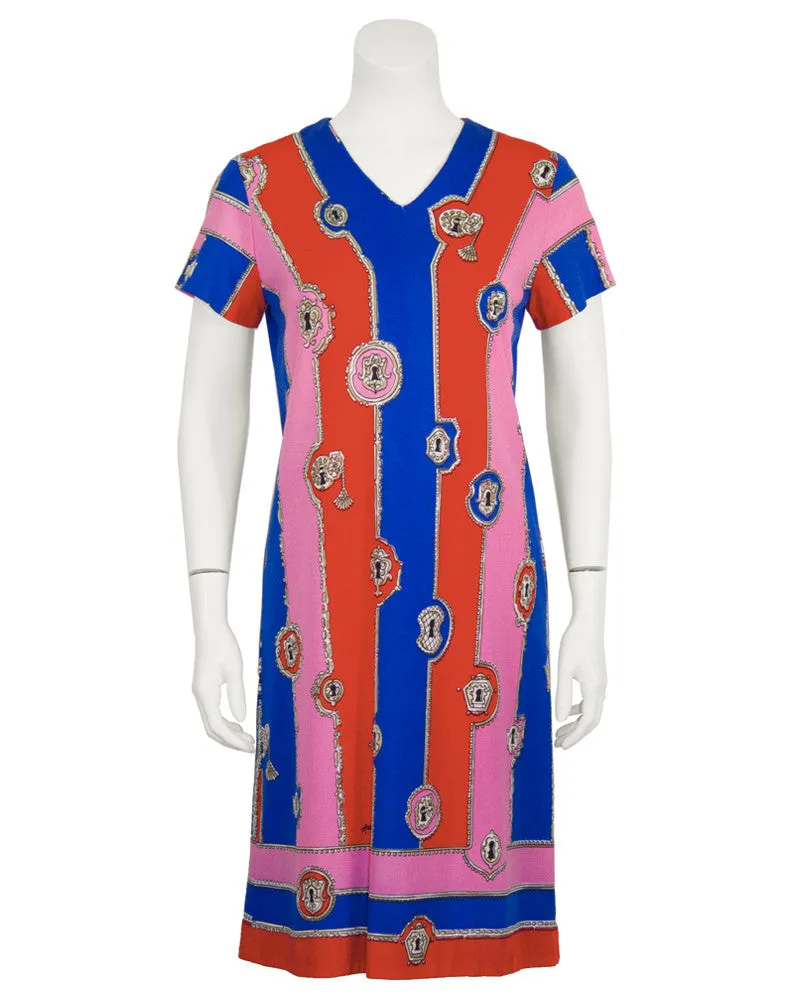 Blue, Pink and Red Lock and Key Pattern Mini Dress