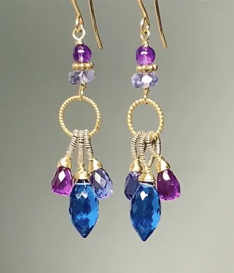 Blue, Purple Chandelier Earrings, Mixed Metals, Iolite, Amethyst, Quartz