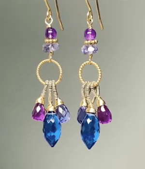 Blue, Purple Chandelier Earrings, Mixed Metals, Iolite, Amethyst, Quartz