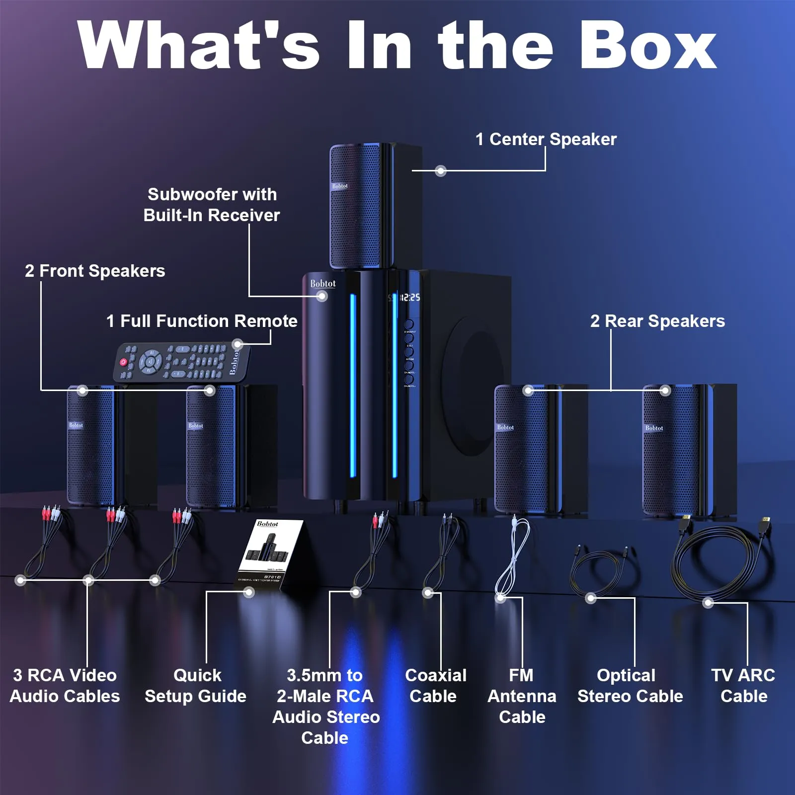 Bobtot Surround Sound Systems Home Theater System - 800 Watts Peak Power 6.5" Subwoofer 5.1/2.1 Wired Stereo Speakers Strong Bass with HDMI ARC Optical AUX Bluetooth Input