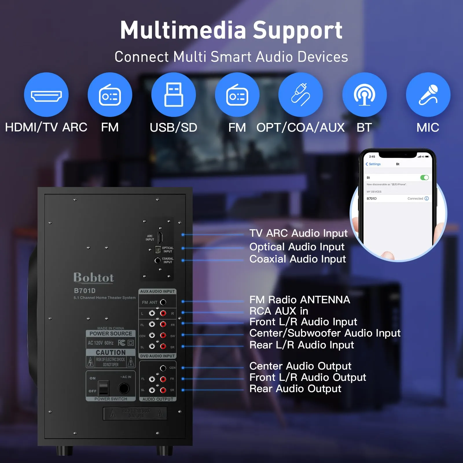 Bobtot Surround Sound Systems Home Theater System - 800 Watts Peak Power 6.5" Subwoofer 5.1/2.1 Wired Stereo Speakers Strong Bass with HDMI ARC Optical AUX Bluetooth Input