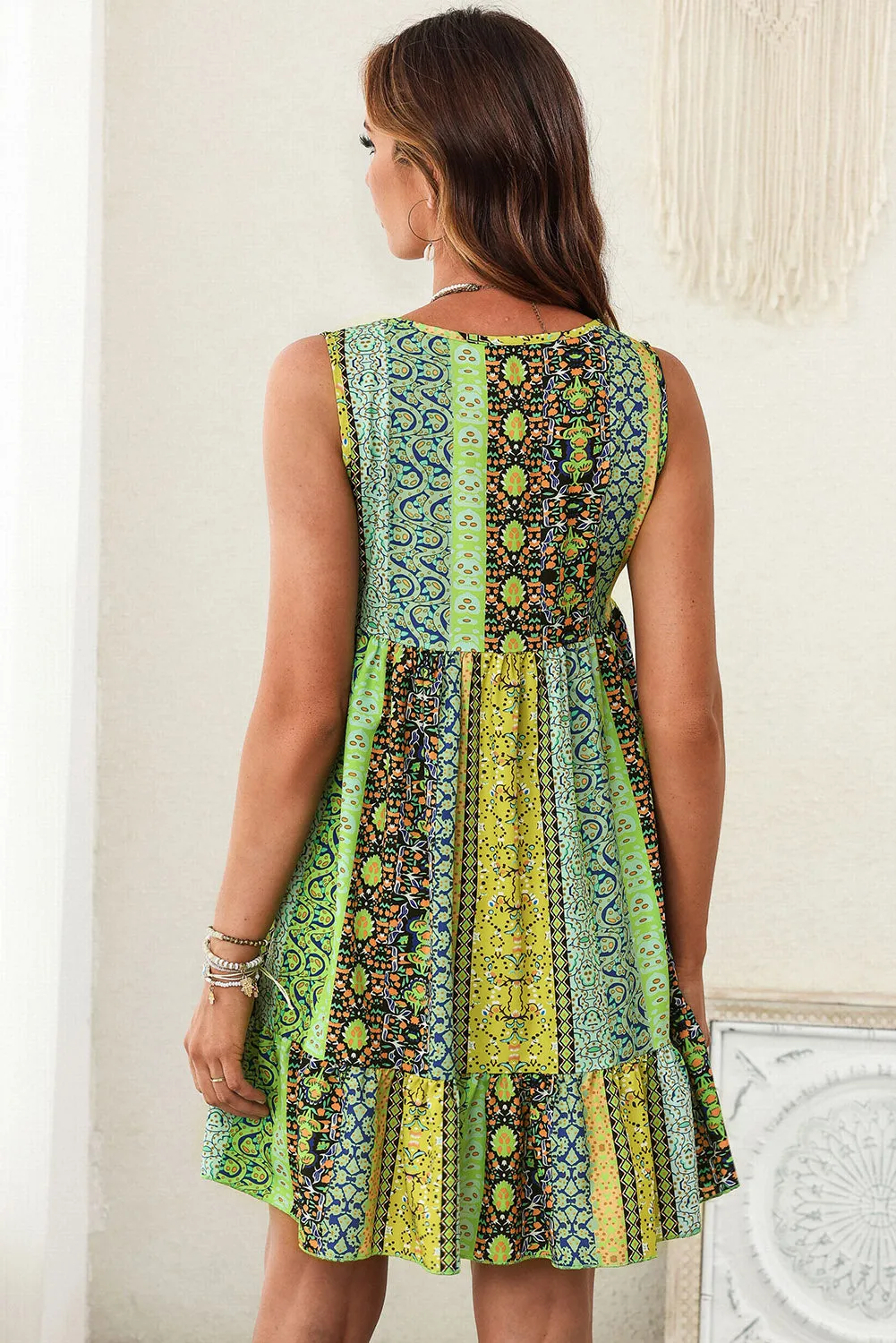 Bohemian Printed V-Neck Mini Dress