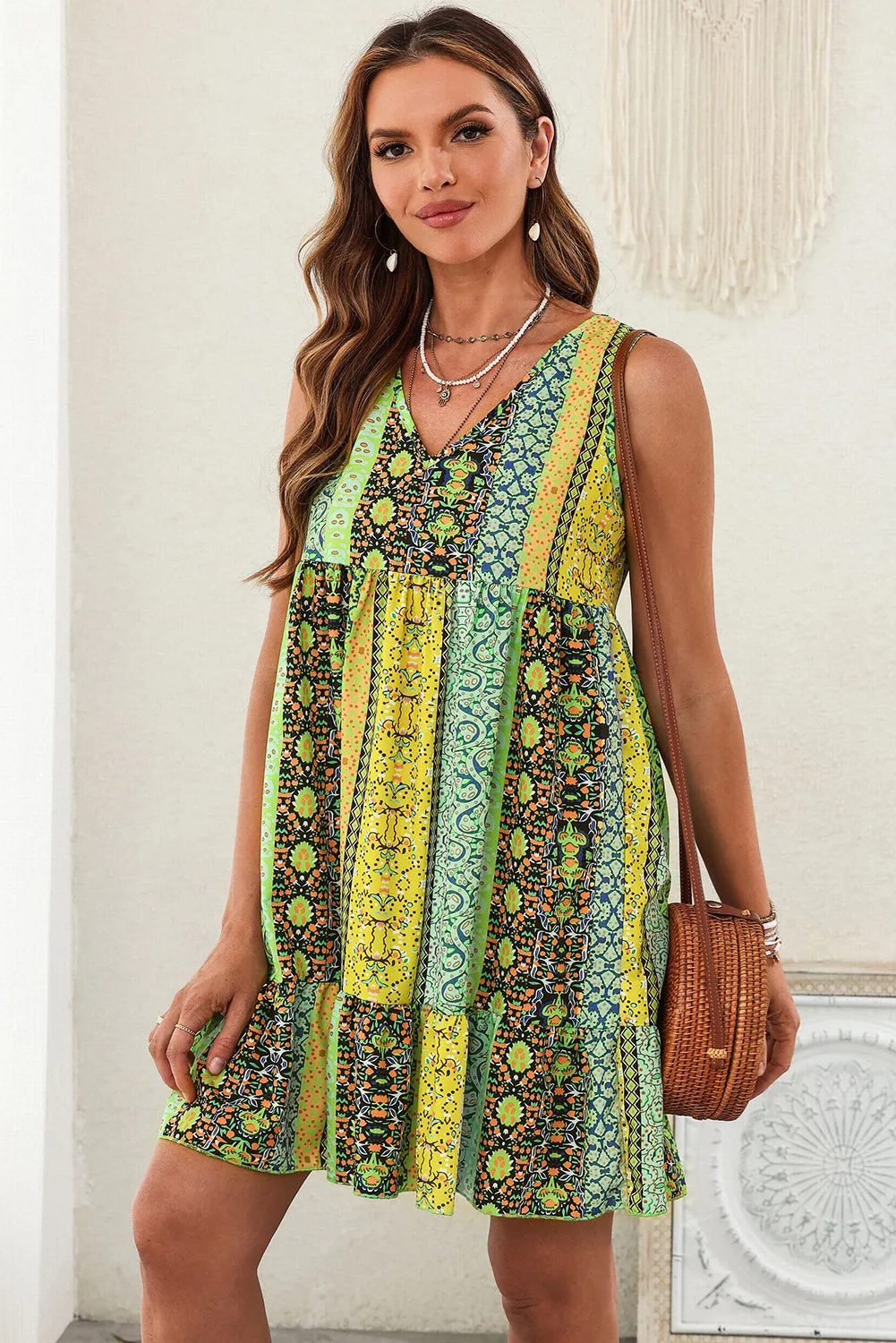 Bohemian Printed V-Neck Mini Dress