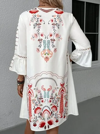 Boho Lace Detail Printed Three-Quarter Sleeve Dress (4 Colors)