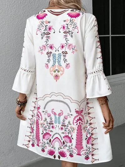 Boho Lace Detail Printed Three-Quarter Sleeve Dress (4 Colors)