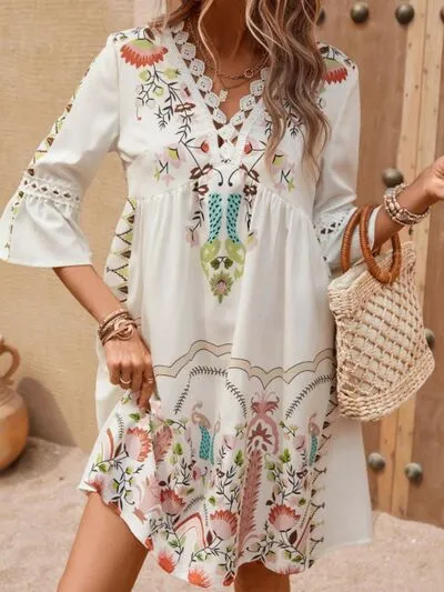 Boho Lace Detail Printed Three-Quarter Sleeve Dress (4 Colors)