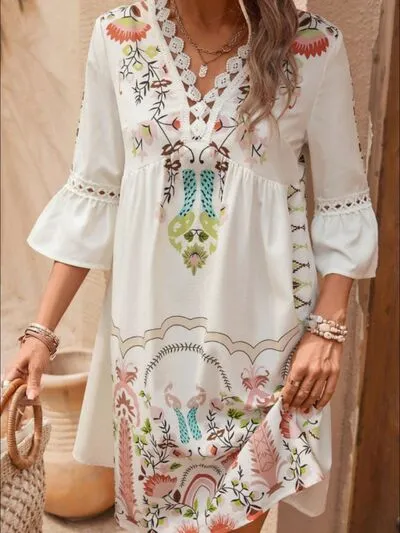Boho Lace Detail Printed Three-Quarter Sleeve Dress (4 Colors)