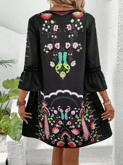 Boho Lace Detail Printed Three-Quarter Sleeve Dress (4 Colors)