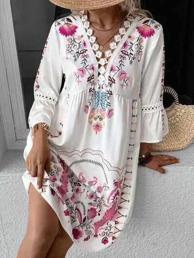 Boho Lace Detail Printed Three-Quarter Sleeve Dress (4 Colors)