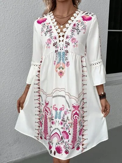 Boho Lace Detail Printed Three-Quarter Sleeve Dress (4 Colors)