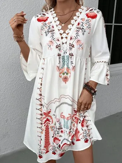 Boho Lace Detail Printed Three-Quarter Sleeve Dress (4 Colors)