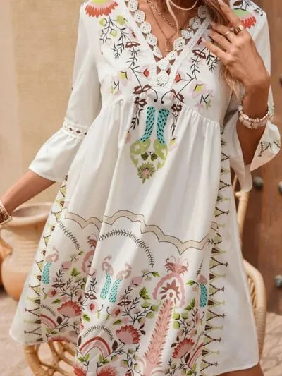 Boho Lace Detail Printed Three-Quarter Sleeve Dress (4 Colors)
