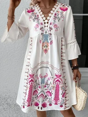 Boho Lace Detail Printed Three-Quarter Sleeve Dress (4 Colors)