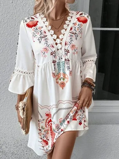 Boho Lace Detail Printed Three-Quarter Sleeve Dress (4 Colors)