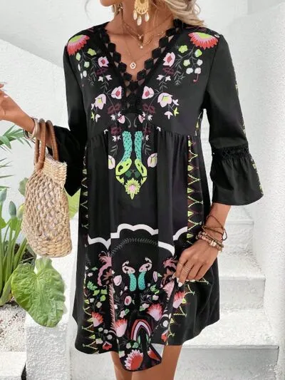 Boho Lace Detail Printed Three-Quarter Sleeve Dress (4 Colors)