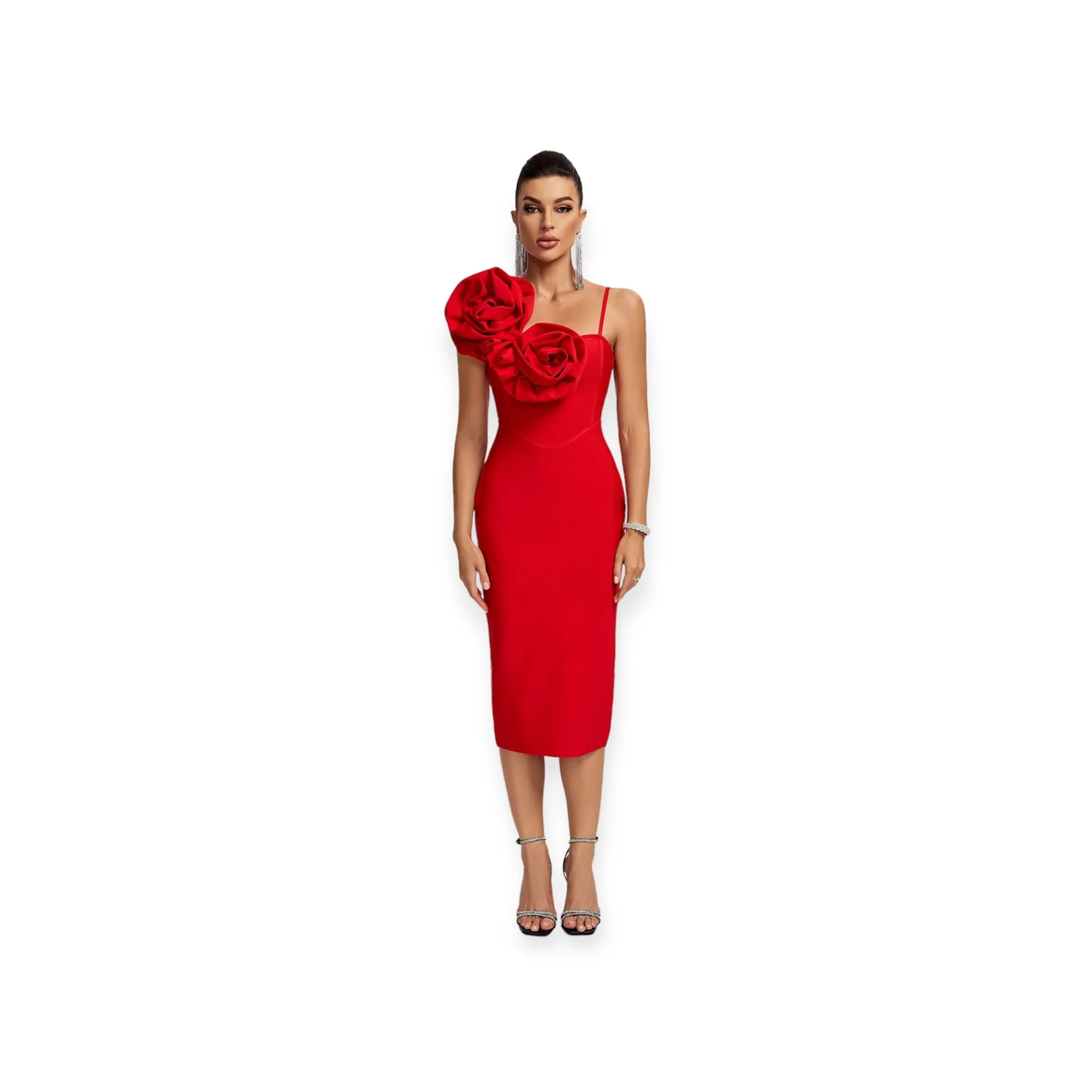 Bold Red Floral Applique Bandage Midi Dress
