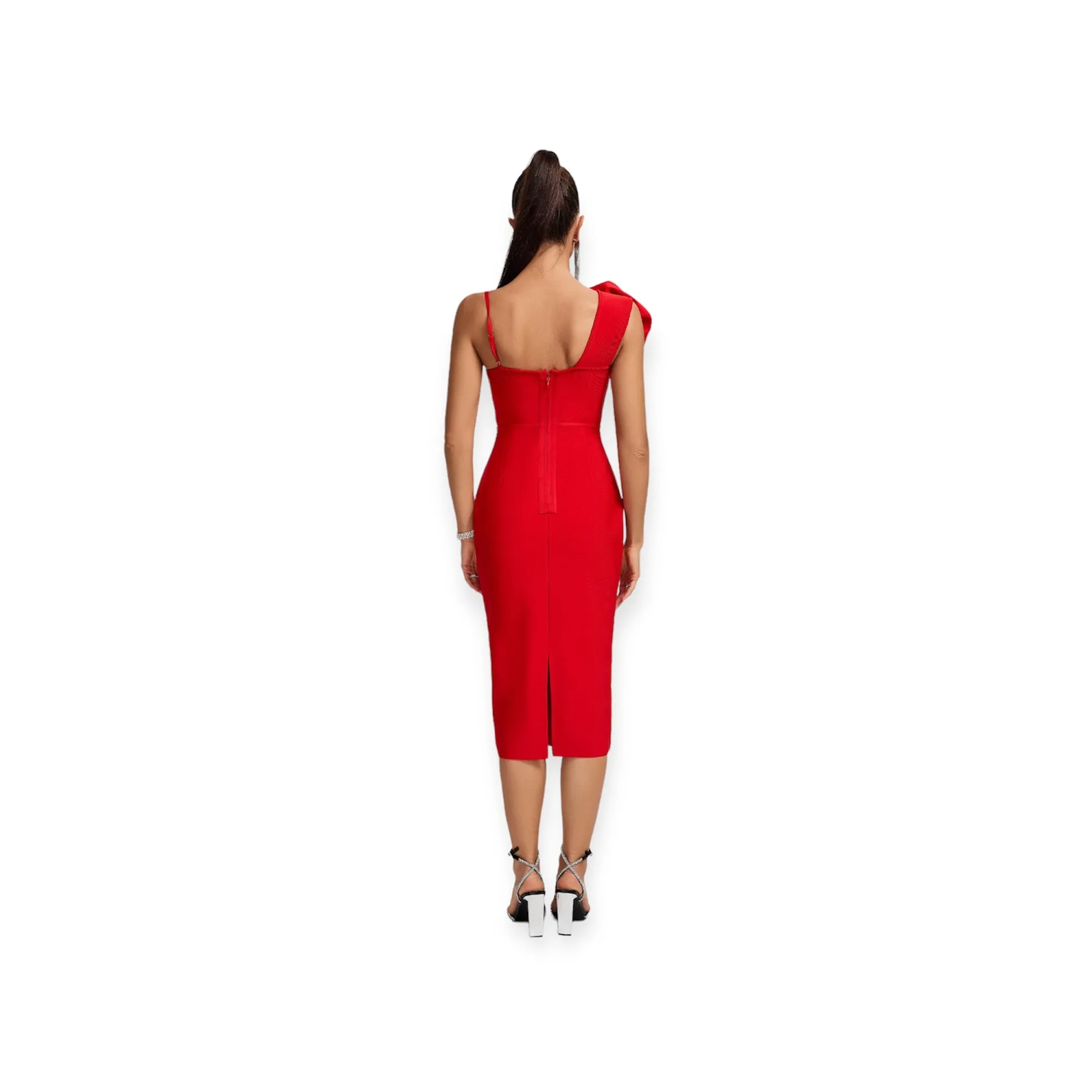 Bold Red Floral Applique Bandage Midi Dress