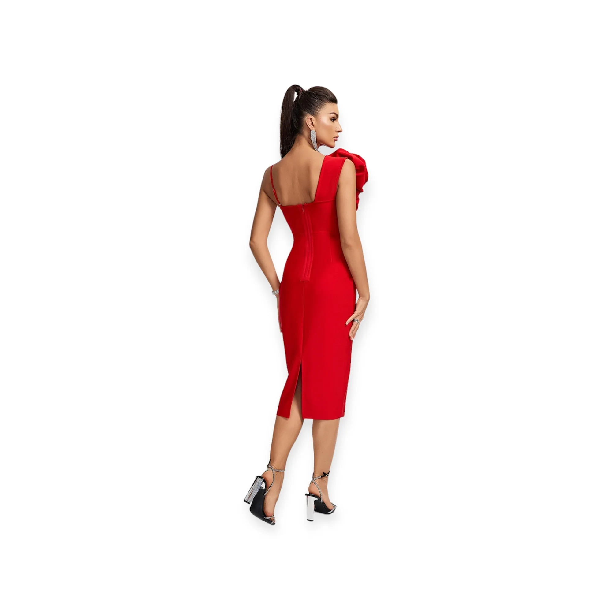 Bold Red Floral Applique Bandage Midi Dress