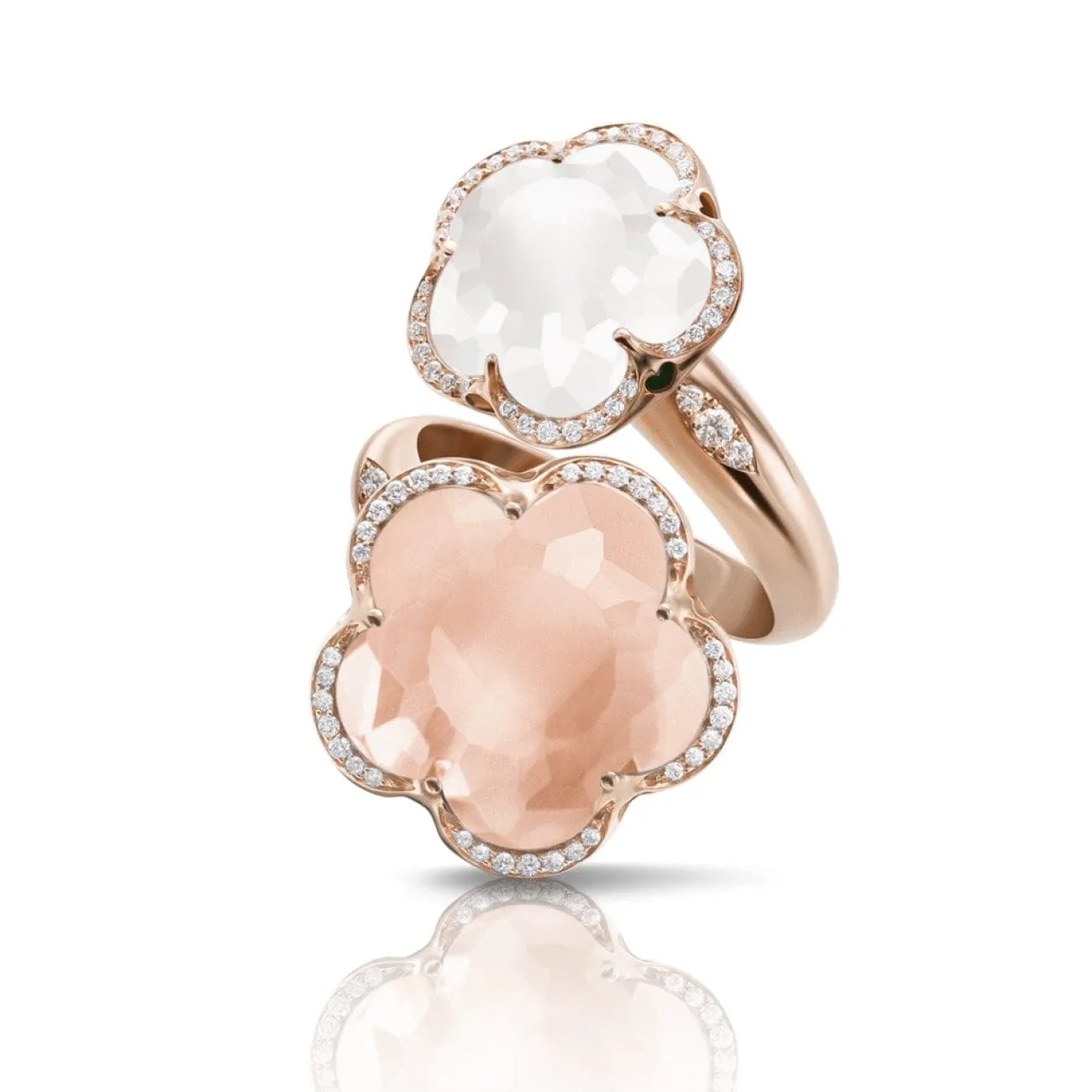 Bon Ton 18K Rose Gold Rose & Milky Quartz Diamond Double Flower Ring