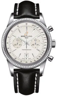 Breitling - Transocean Chronograph 38 Steel - Diamond Bezel - Leather Strap