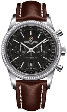 Breitling - Transocean Chronograph 38 Steel - Diamond Bezel - Leather Strap