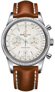 Breitling - Transocean Chronograph 38 Steel - Diamond Bezel - Leather Strap