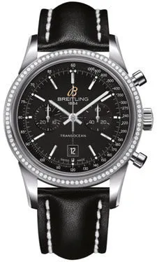 Breitling - Transocean Chronograph 38 Steel - Diamond Bezel - Leather Strap