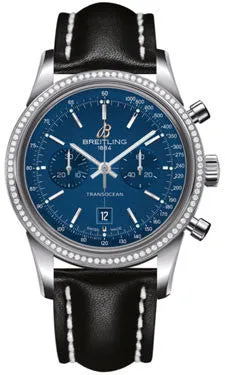 Breitling - Transocean Chronograph 38 Steel - Diamond Bezel - Leather Strap