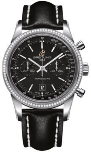 Breitling - Transocean Chronograph 38 Steel - Diamond Bezel - Leather Strap
