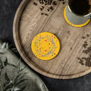 Bright Yellow Floral and Birds Coaster