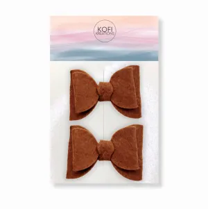 Brown Felt Piggy Hair Bow Clips
