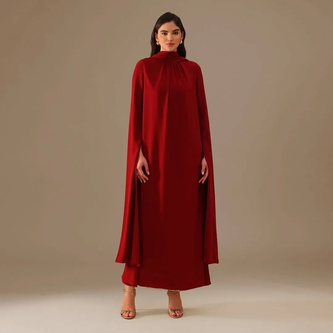 Burgundy High Neck Long Flared Sleeve Maxi Dress