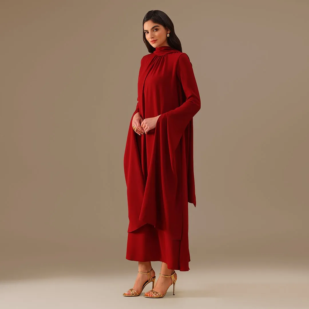 Burgundy High Neck Long Flared Sleeve Maxi Dress