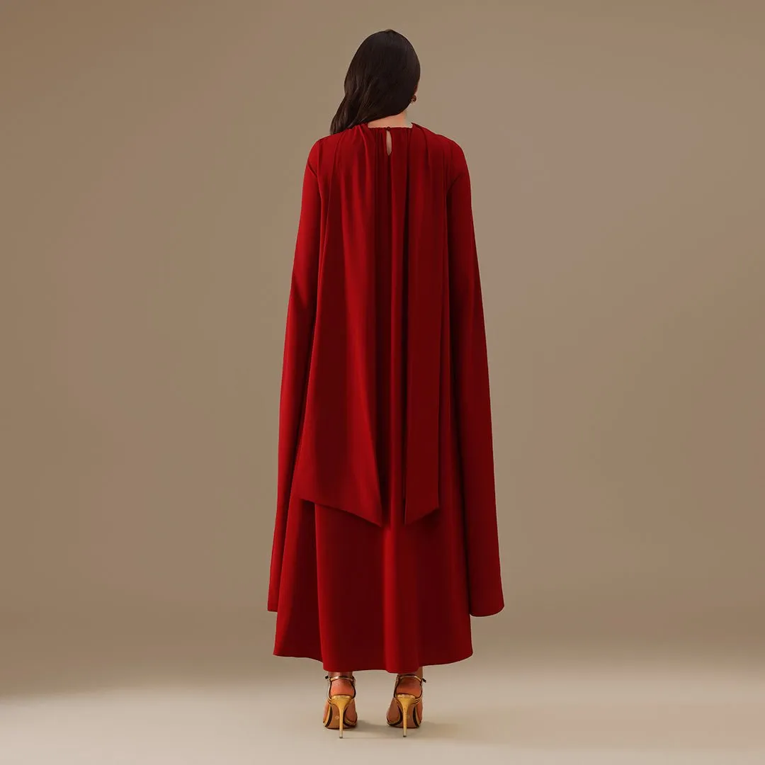 Burgundy High Neck Long Flared Sleeve Maxi Dress
