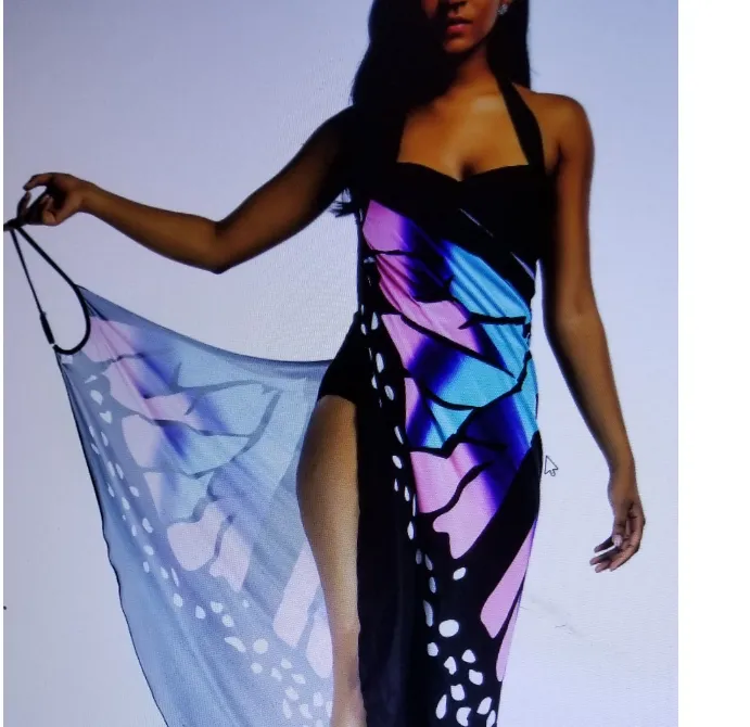 Butterfly Print Backless Wrap Around Party Dress