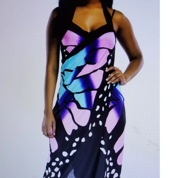 Butterfly Print Backless Wrap Around Party Dress